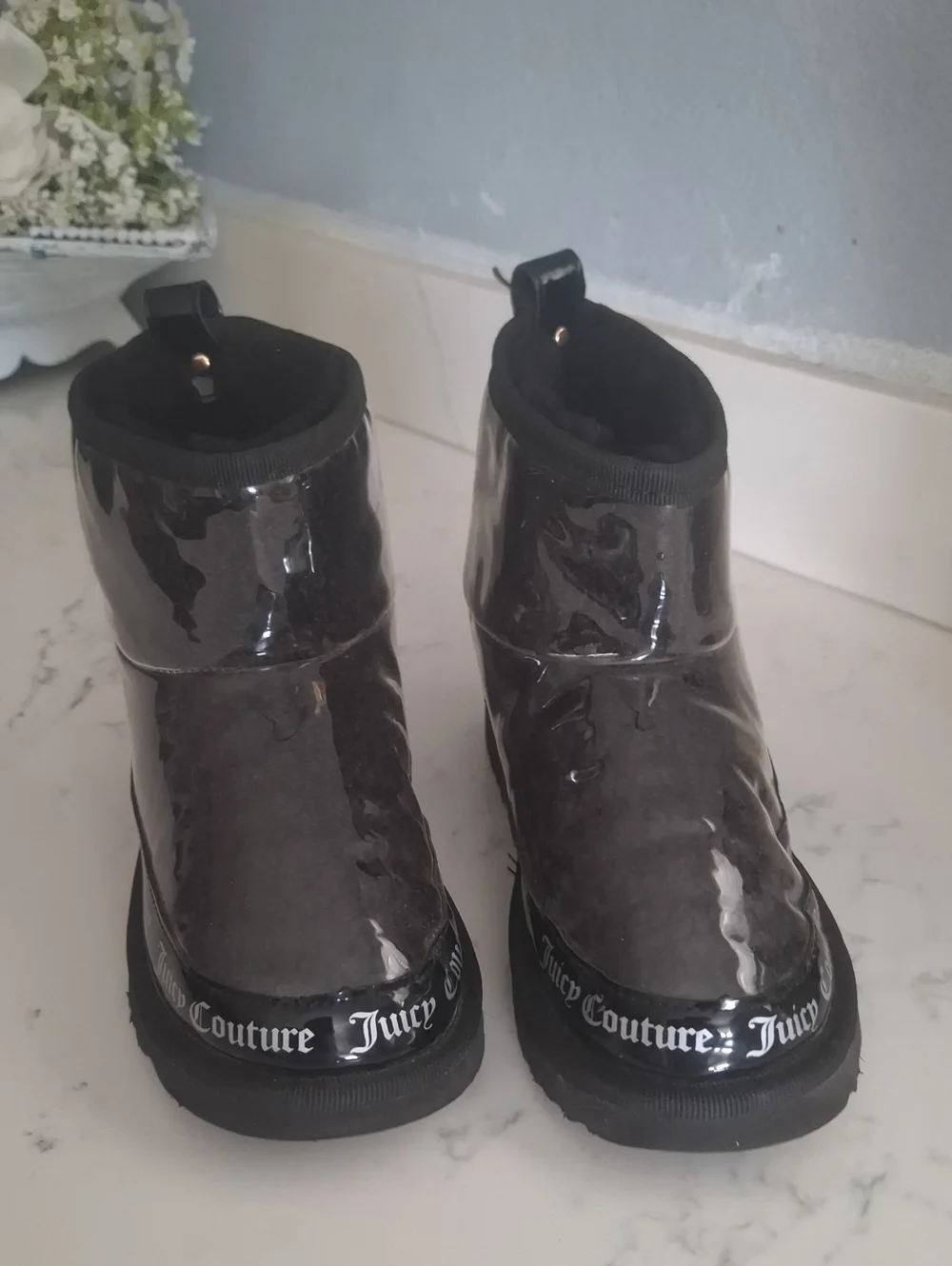 Juicy Couture Black Patent Kids Ankle Boots with Logo Trim